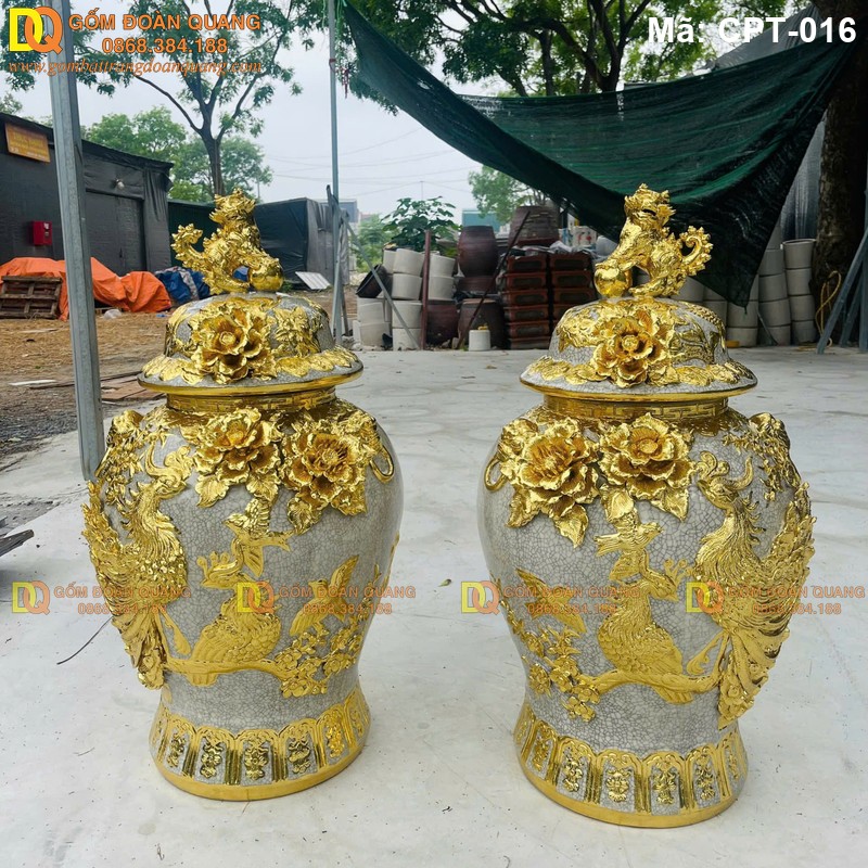 Chóe phong thủy Men rạn đắp nổi cảnh Công đào Dát vàng, vẽ vàng mã CPT-016 – Ảnh 5
