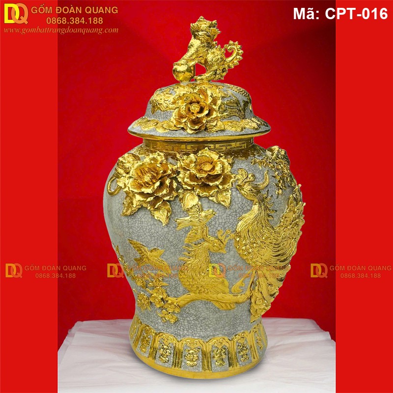 Chóe phong thủy Men rạn đắp nổi cảnh Công đào Dát vàng, vẽ vàng mã CPT-016