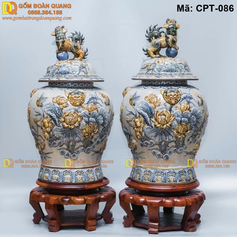 Chóe phong thủy Men rạn đắp nổi cảnh Sen mã CPT-086