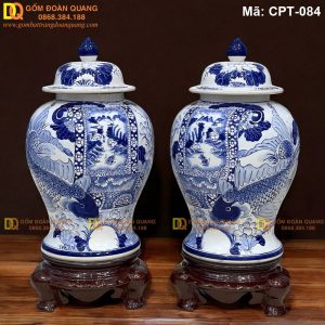 Chóe sứ Bát Tràng Men lam cảnh Sen cá mã CPT-084