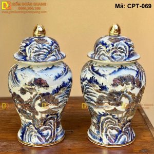 Chóe sứ Bát Tràng Men lam cảnh Sơn thủy Tùng Chùa, vẽ vàng mã CPT-069