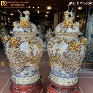 Chóe sứ Bát Tràng Men rạn đắp nổi cảnh Công đào Vẽ vàng mã CPT-004