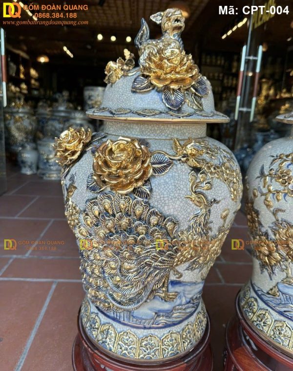 Chóe sứ Bát Tràng Men rạn đắp nổi cảnh Công đào Vẽ vàng mã CPT-004 - Ảnh 2