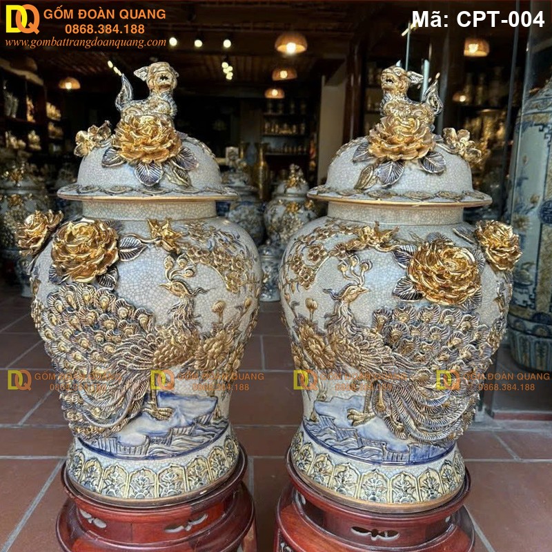 Chóe sứ Bát Tràng Men rạn đắp nổi cảnh Công đào Vẽ vàng mã CPT-004