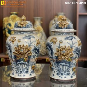Chóe sứ Bát Tràng Men rạn đắp nổi cảnh Sen mã CPT-019