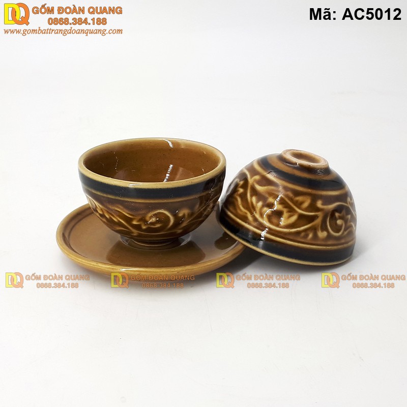 Ấm chén Bát Tràng khắc nổi hoa văn Phù Dung mã AC5012 – Ảnh 2