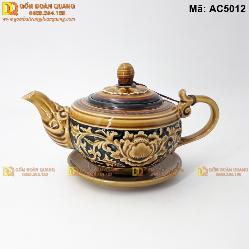 Ấm chén Bát Tràng khắc nổi hoa văn Phù Dung mã AC5012 – Ảnh 3