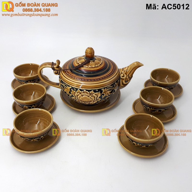 Ấm chén Bát Tràng khắc nổi hoa văn Phù Dung mã AC5012