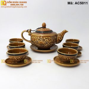Bộ ấm chén khắc nổi hoa Phù Dung mã AC5011