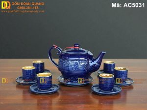 Bộ ấm trà Bát Tràng khắc nổi màu xanh dương mã AC5031